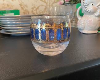 MCM Culver Azure Blue Scroll Roly Poly Cocktail Glasses Gold - Set of 8 -