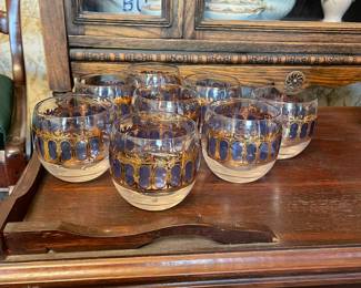 MCM Culver Azure Blue Scroll Roly Poly Cocktail Glasses Gold - Set of 8 -