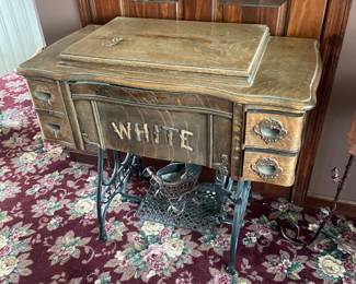 Antique White Rotary Treadle Sewing Machine in Original Wood Cabinet