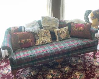 Chippendale Plaid Sofa and Decorative Throw Pillows