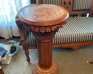 Carved Wood Pillar Column Plant Stand with Marble
