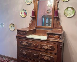 Antique Victorian Marble Top Five Drawer Chest with Mirror & Carved Pulls