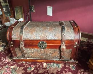 Vintage Wood Storage Chest Trunk with Leather Straps and Decorative Floral 