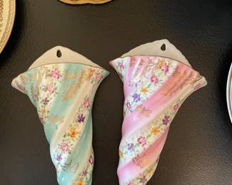 Limoges China Floral Butterfly Dragonfly Wall Pocket Vase - Set of 2 -