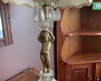 Vintage Brass Cherub Lamp Marble Base and Glass Crystals