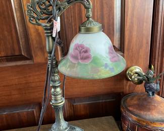 Bridge Arm Table Lamp with Floral Glass Shade