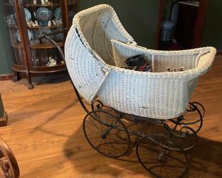 Vintage Wicker Baby Carriage Stroller Coach Wicker Wood Metal
