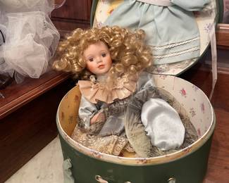 Vintage Porcelain Doll Set with Carry Case and Extra Clothes