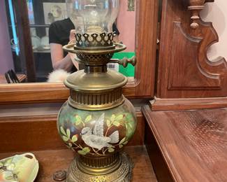 Antique Hand Painted Floral Oil Kerosene Lamp with Cast Iron Base