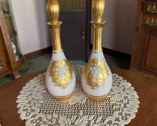 U.S Zone 18K Gilt Decanter Germany White Hand Painted Flowers Pinks Greens - Set of 2 -