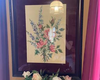 Vintage Framed Floral Needlepoint Wall Art