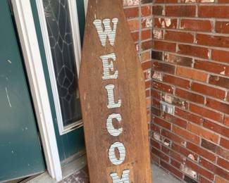 Metal Welcome Letters on Vintage Wood Ironing Borad