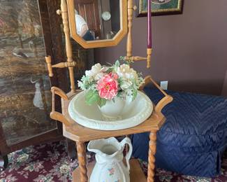 Antique Victorian Light Wood Wash Basin Stand Pitcher & Bowl w/ Candle Holde