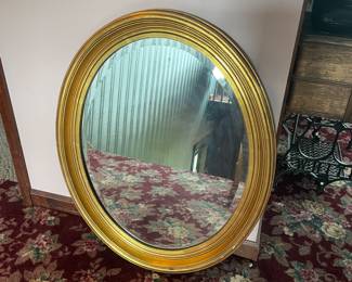 Vintage Wood Oval Beveled Gold Wall Mirror 