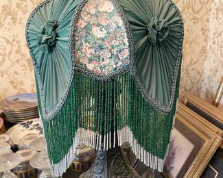 Vintage Table Lamp with Green Fringe Shade