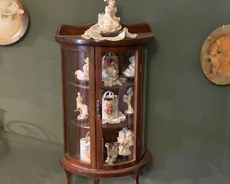 Vintage Wooden Tabletop Curved Glass Curio Cabinet