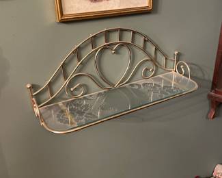 Vintage Brass Heart Shaped Glass Top Wall Shelf