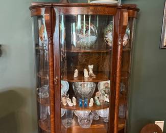 Victorian Antique Oak Curved Glass Curio China Cabinet