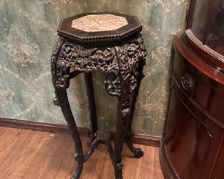 Chinese Tall Stand Hand Carved Wood Marble Side Pedestal Table 