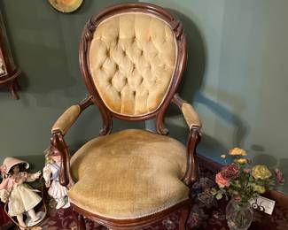 Victorian Carved Wood Velvet Parlor Chair with Arms