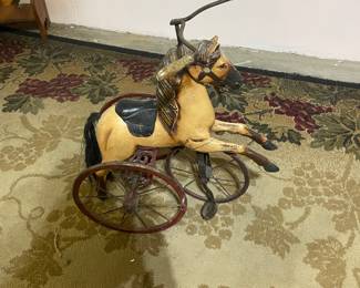 Antique Carved Wood Painted Horse Tricycle