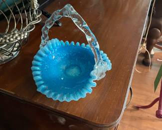 Victorian Spangle Glass Light Blue & Silver Basket Applied Thorn Handle
