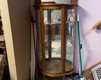Vintage Wooden Curio Cabinet Curved Glass Door Half Round Hanging Tabletop