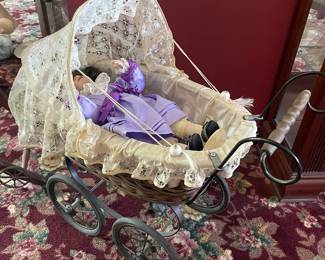 Antique Vintage Baby Doll Carriage, Pram, Victorian Style Wooden Stroller