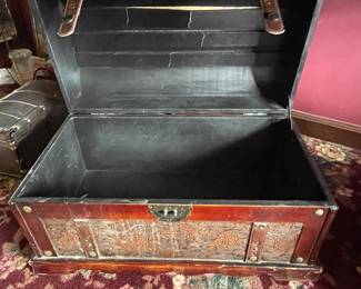 Vintage Wood Storage Chest Trunk with Leather Straps and Decorative Floral 