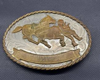 German Silver Steer Wrestling Belt Buckle