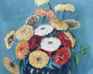 Flowers Oil on Canvas in Gold Color Frame