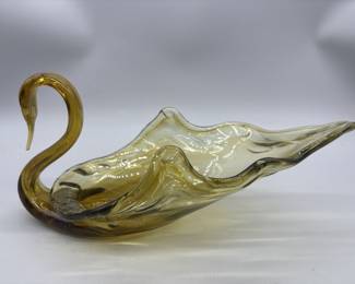 Murano-Style Art Glass Swan Bowl, Amber
