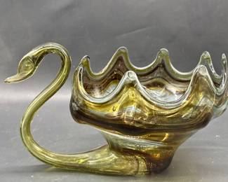 Murano-Style Art Glass Swan Bowl, Olive & Amber