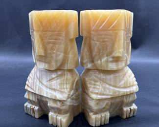 Mexican Onyx Bookends, Mayan Deity