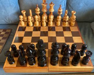 Large carved chess set with 30 inch square board/storage box