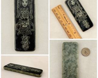 A unique hardstone piece, rectangular, with black inked decoration