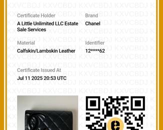 Certificate of Authenticity for the fine quilted black leather Chanel Cambon Wallet in original packaging, authenticated by Entrupy