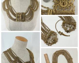 Vintage Indio Craft Festoon necklace brass chain mail bib statement necklace