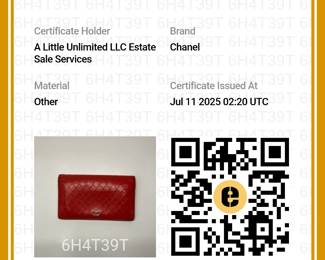 Certificate of Authenticity for the CHANEL diamond stitch red leather wallet in original packaging, authenticated by Entrupy