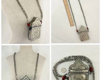 Vintage tribal / Bedouin silver prayer box necklace with carnelian beads
