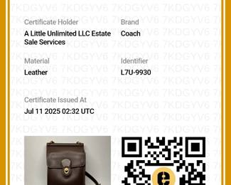 Certificate of Authenticity for the Coach vintage Murphy crossbody bag in brown leather, authenticated by Entrupy