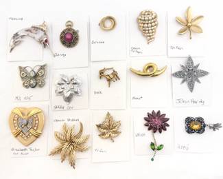 Brooches from John Hardy, BSK, Elizabeth Taylor for Avon, Crown Trifari, BSK, Trifari, Weiss, Hobé, Monet – some sterling silver.