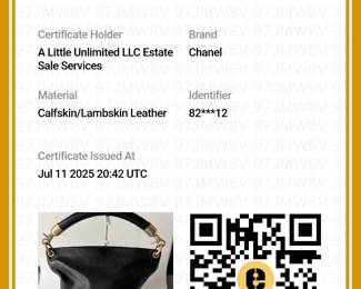 Certificate of Authenticity by Entrupy for the vintage Chanel CC mark bucket black leather tote bag