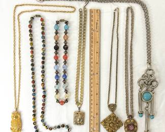 Whooo wants some cool necklaces? The owl awaits you! As do necklaces of vintage sterling silver, hand painted glass beads, a Czech brass art nouveau locket, and a Moroccan pendant necklace!