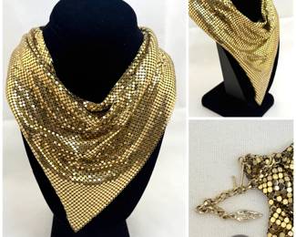 Vintage 1970s Whiting & Davis gold tone chain mesh necklace / scarf style or bib necklace