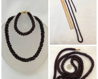 Braided beaded necklace and bracelet set. Garnets?