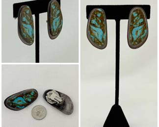 Vintage handcrafted silver and natural stone clip earrings