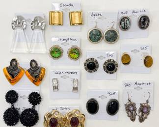 Fashion earrings from St. John, Ralph Lauren, Escada, Whiting & Davis, and more – some sterling silver with amethyst, abalone, tigers eye