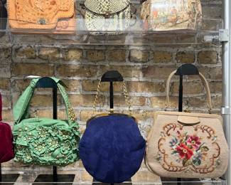 Closeup of some of the vintage handbags available