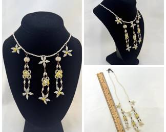 Beaded white and yellow flower bib necklace